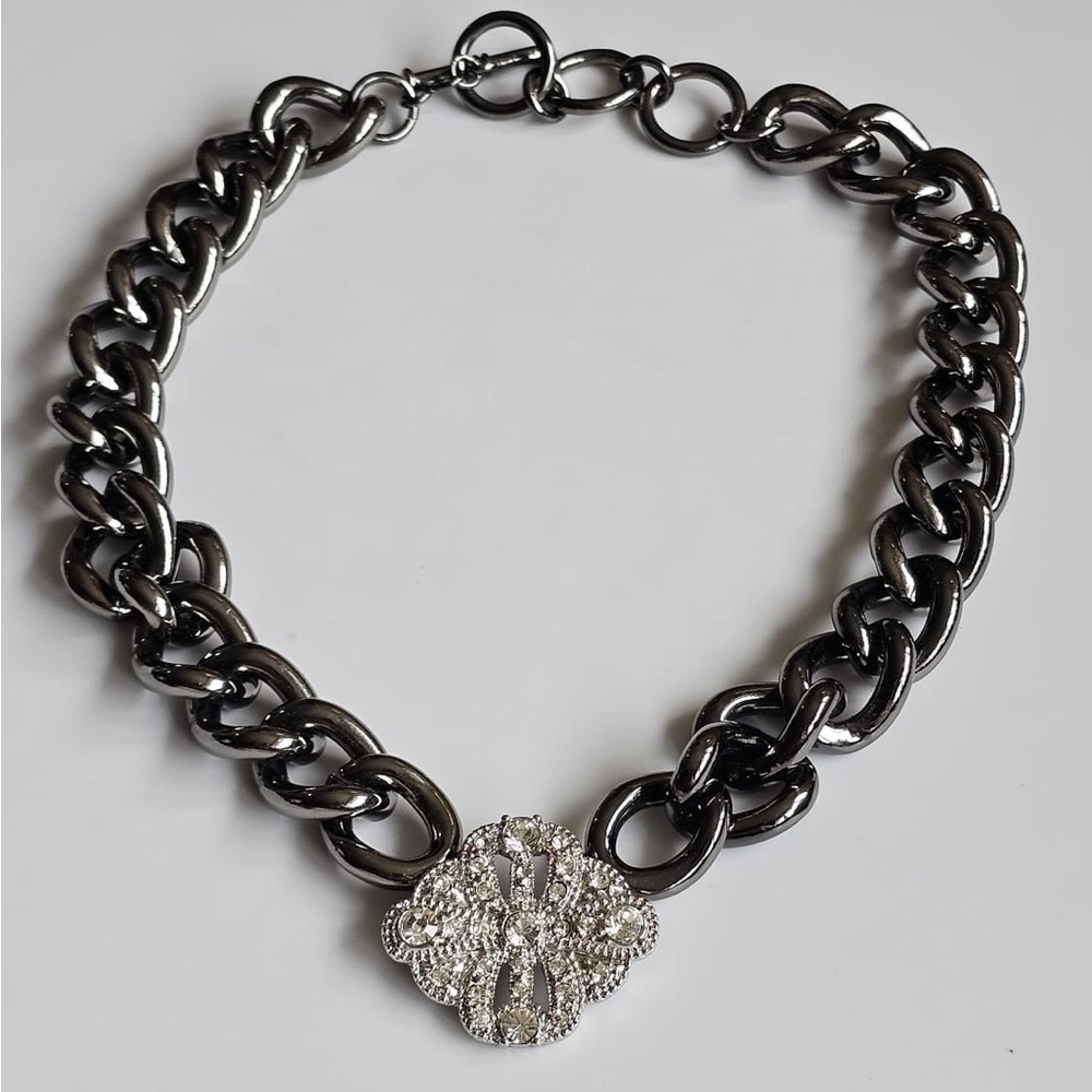 Lia Sophia Chunky Black Chain Necklace with Silver Crystal Pendant